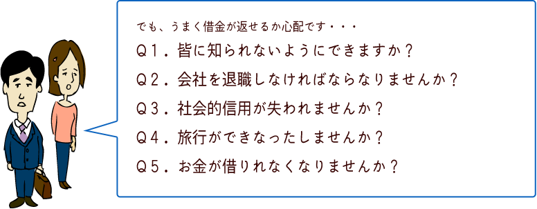 でも、うまく借金が返せるか心配です・・・Q1.皆に知られないようにできますか?Q2.会社を退職しなければならなりませんか?Q3.社会的信用が失われませんか?Q4.旅行ができなったしませんか?Q5.お金が借りれなくなりませんか?